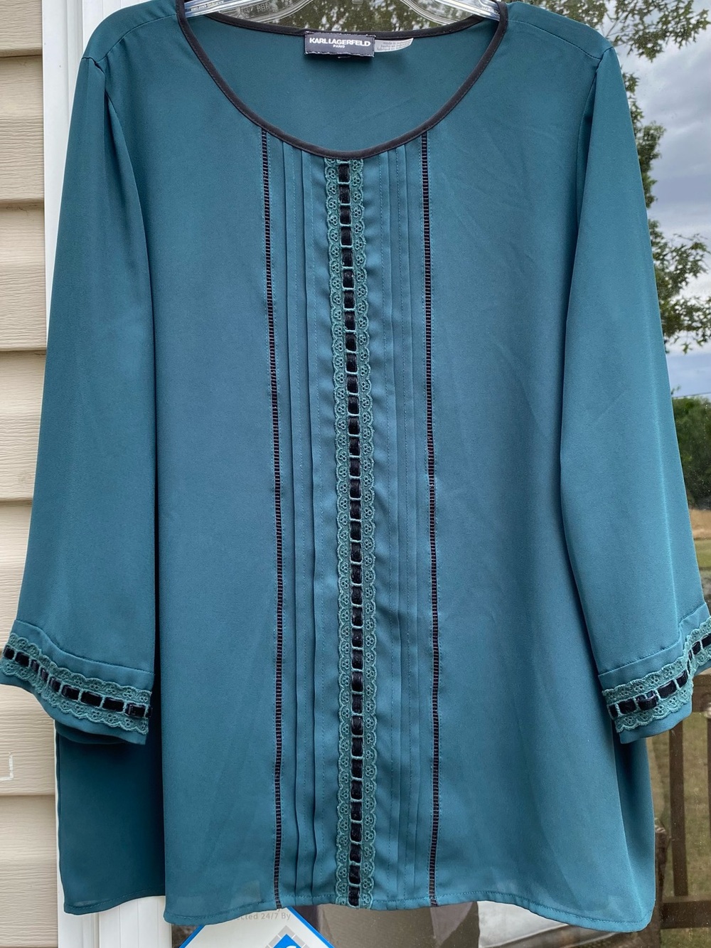 Karl Lagerfeld Teal Lace-Trim Pintuck Blouse